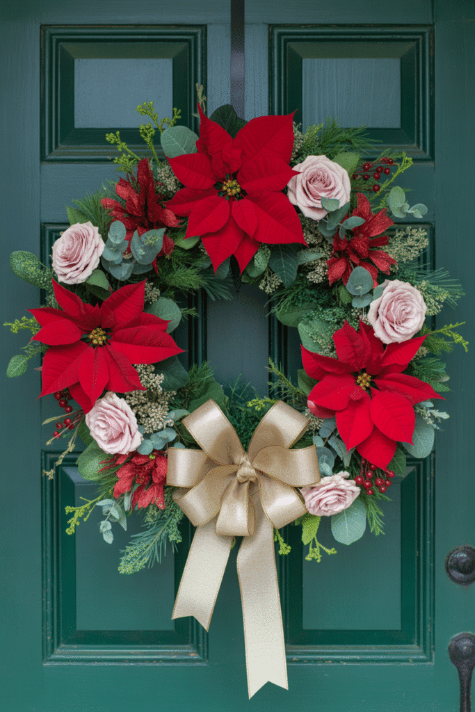 Christmas wreath with flowers adding vibrant and romantic holiday charm.
