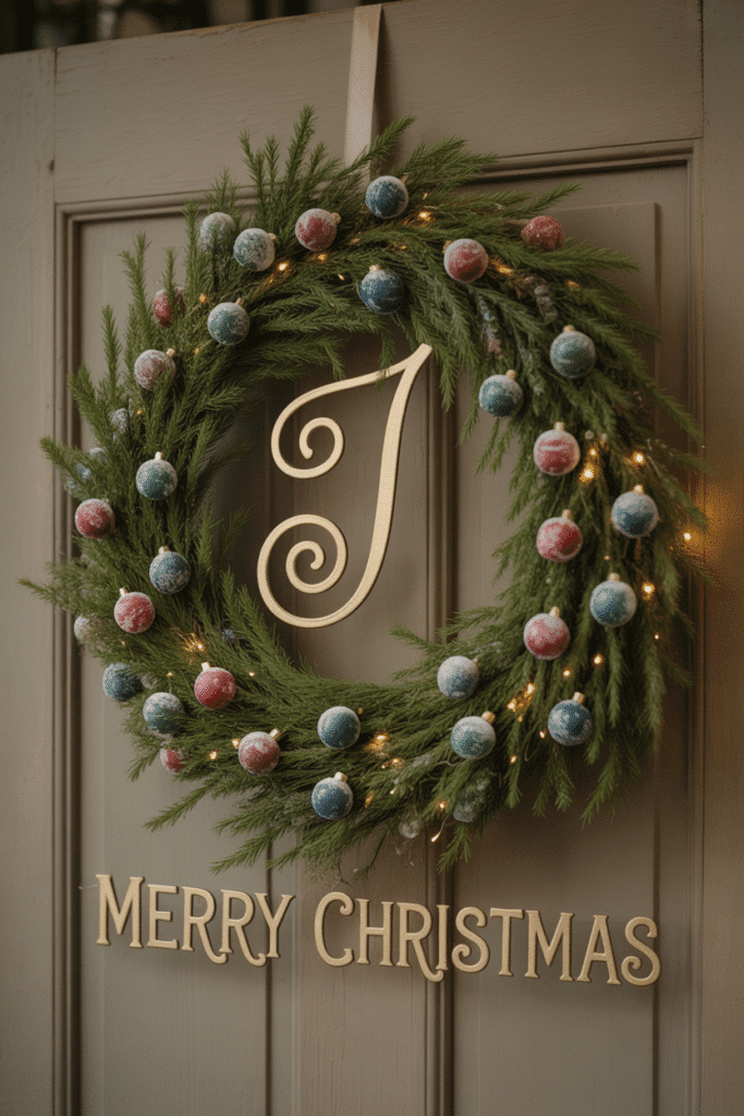 Personalized Christmas wreath with monogram adding unique festive touch.