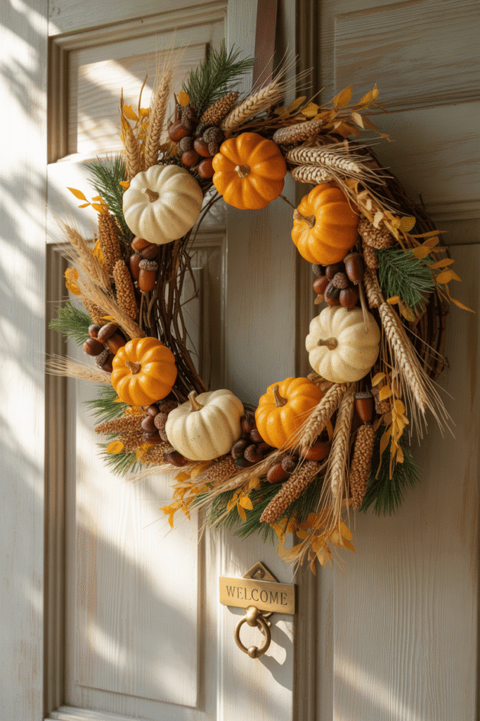 Harvest-inspired Christmas wreath blending fall and winter elements.