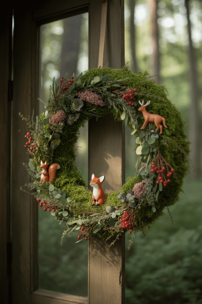 Whimsical woodland Christmas wreath with moss, berries, and tiny animal accents.