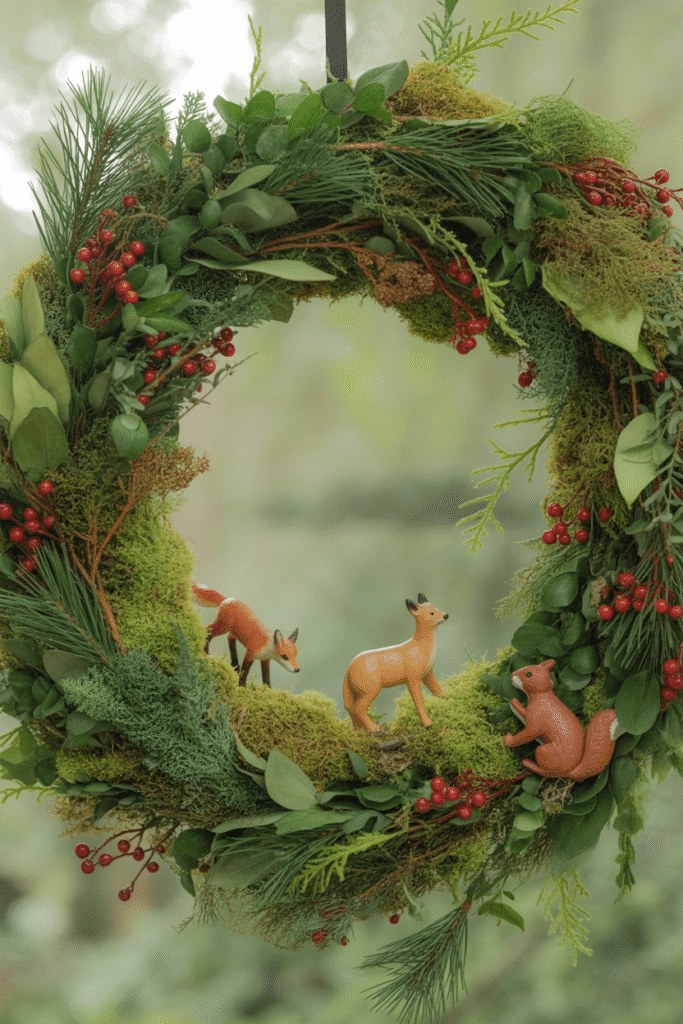 Whimsical woodland Christmas wreath with moss, berries, and tiny animal accents.
