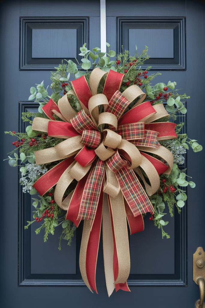 Layered ribbon Christmas wreath creating festive texture and drama on door.