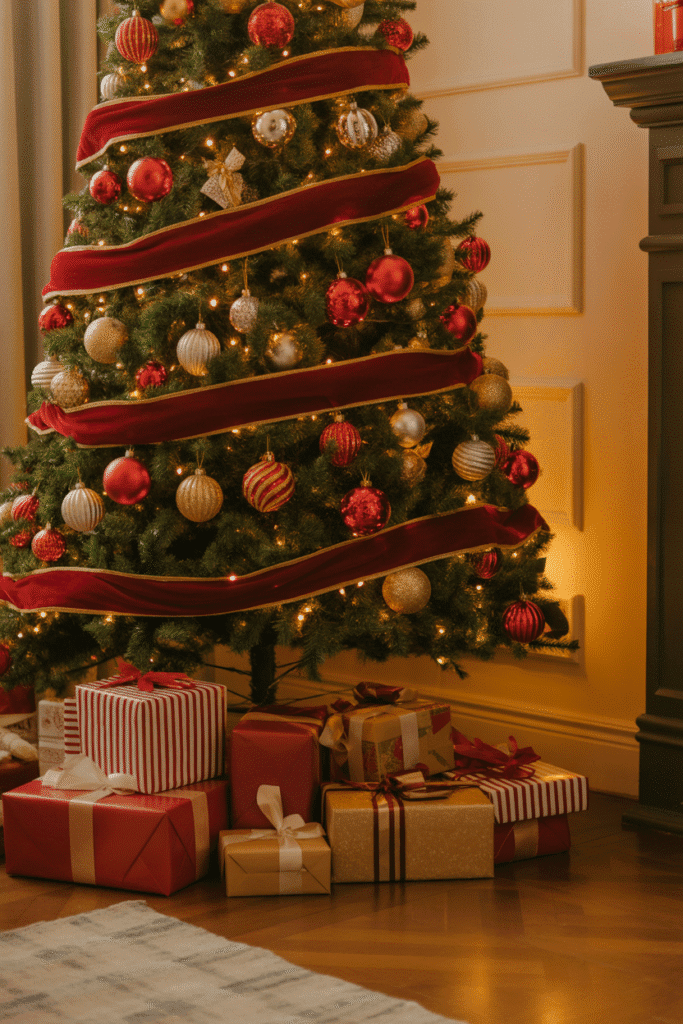 Classic red and gold Christmas tree creating a warm, elegant holiday vibe.