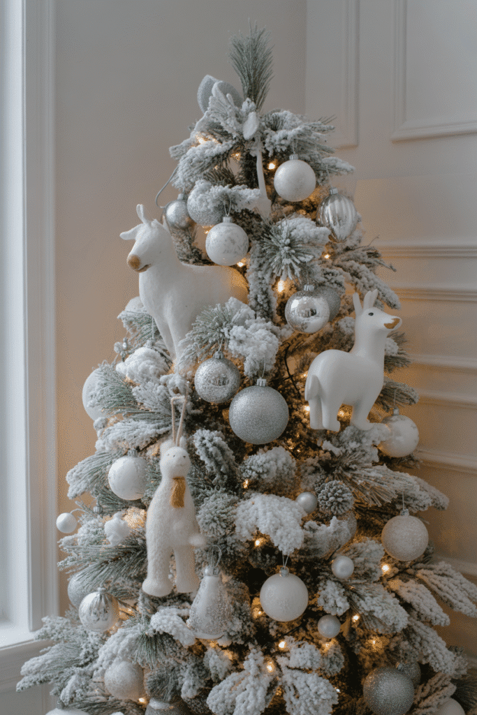 Winter wonderland themed Christmas tree with frosted branches and silver accents.