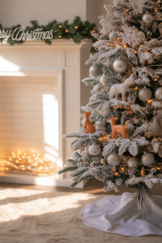 Winter wonderland themed Christmas tree with frosted branches and silver accents.