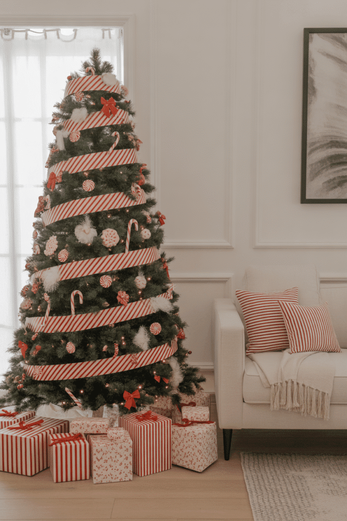 Playful candy cane themed Christmas tree with red and white decorations.