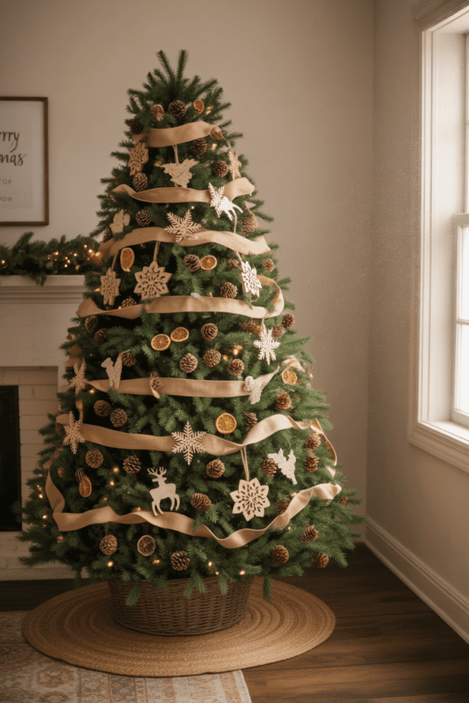 Rustic farmhouse Christmas tree with natural elements and cozy charm.