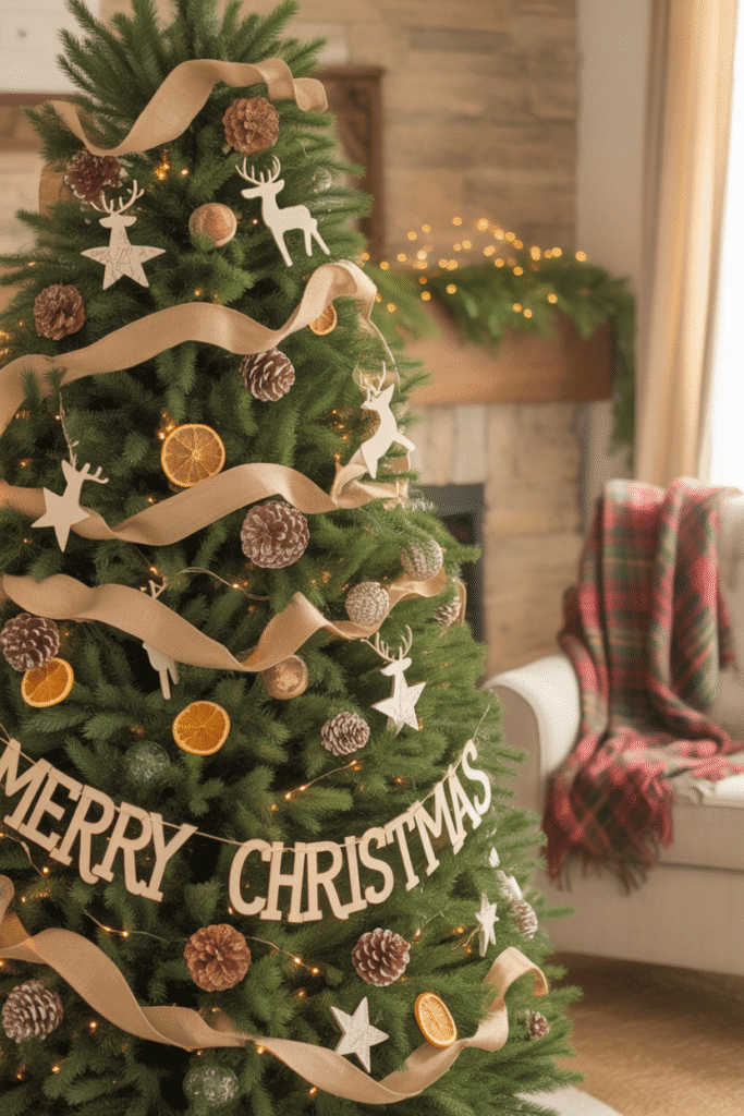 Rustic farmhouse Christmas tree with natural elements and cozy charm.