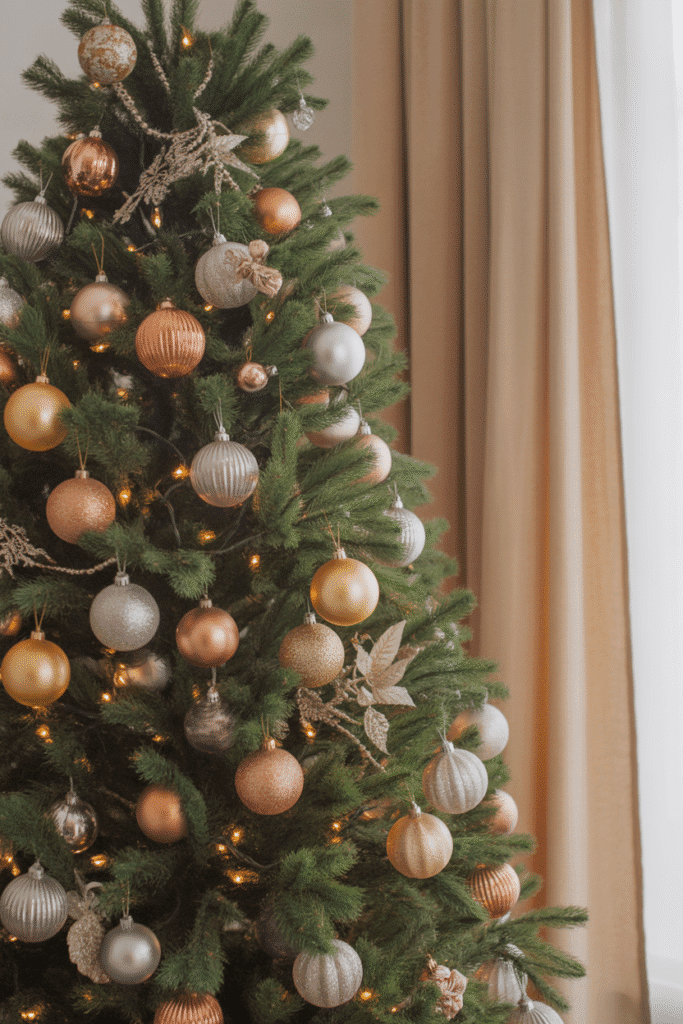 Luxurious metallic themed Christmas tree glowing with festive lights.