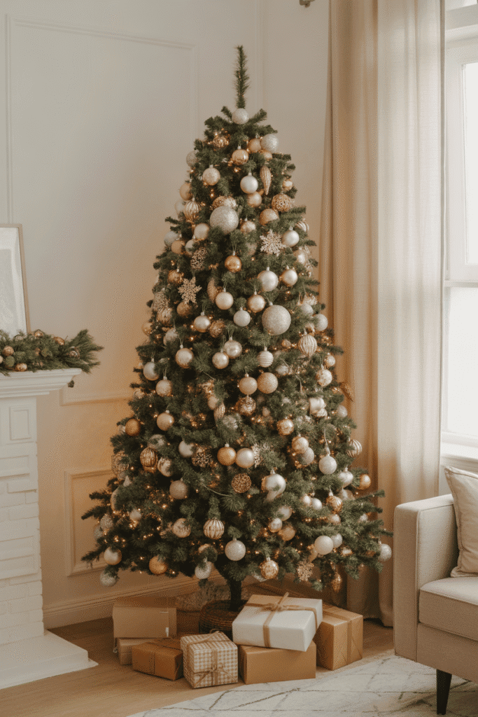 Luxurious metallic themed Christmas tree glowing with festive lights.