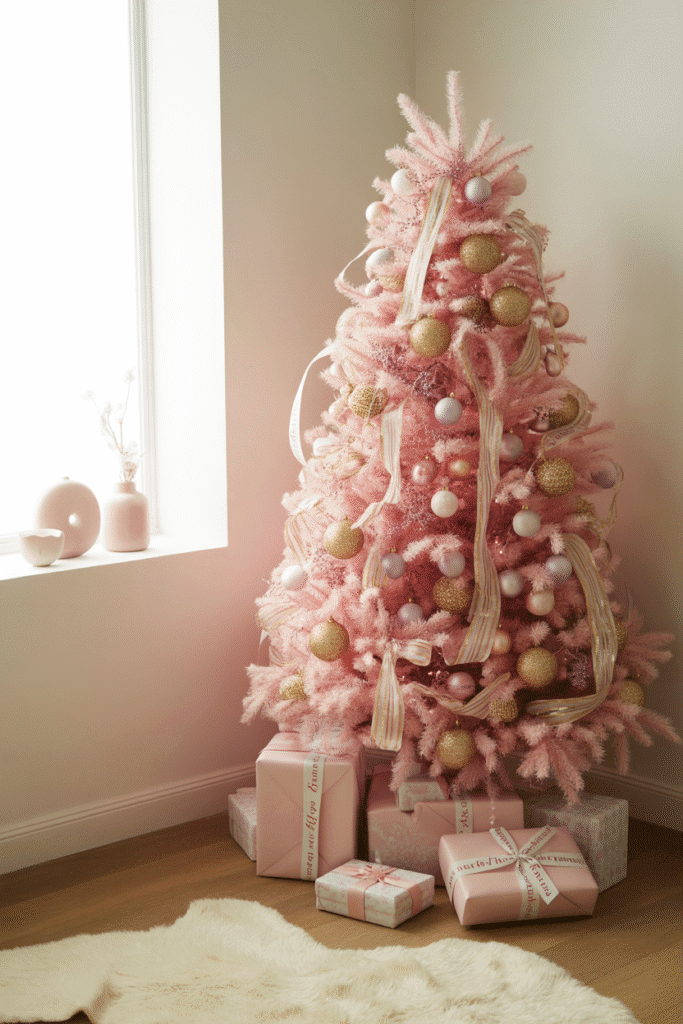Chic pink themed Christmas tree adding a modern, girly touch.