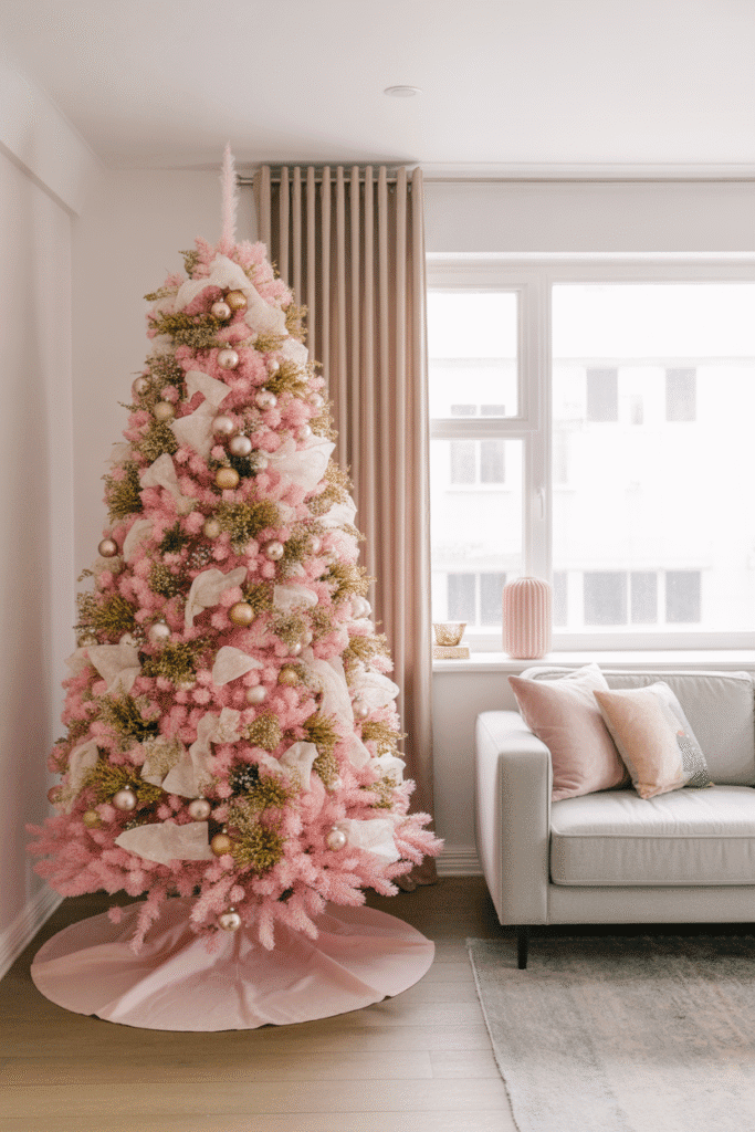 Chic pink themed Christmas tree adding a modern, girly touch.