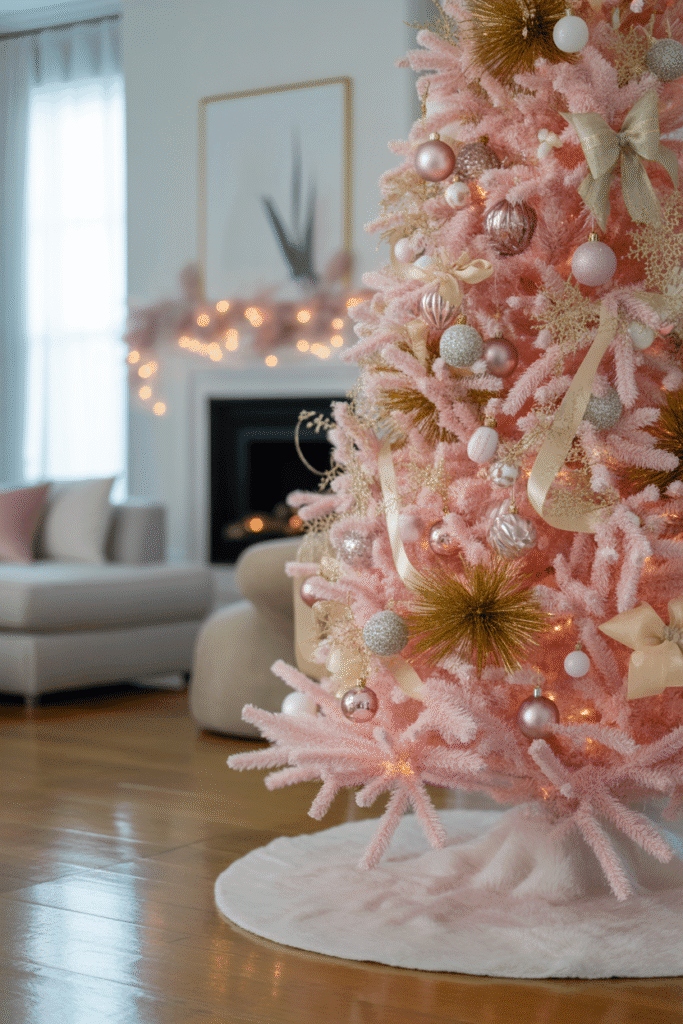 Chic pink themed Christmas tree adding a modern, girly touch.