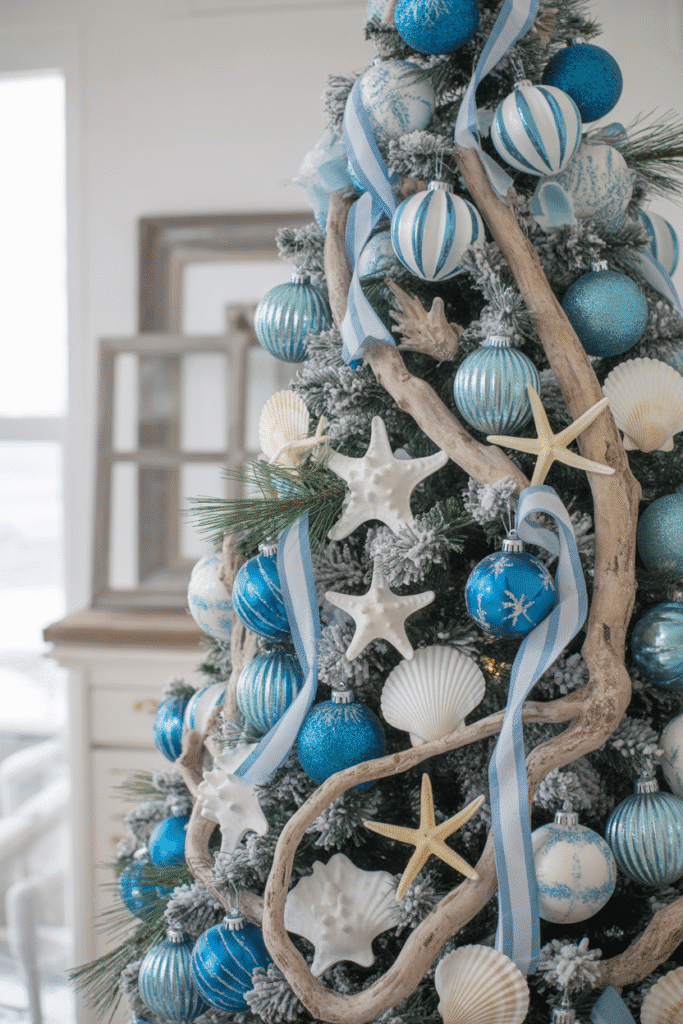 Nautical themed Christmas tree with beachy coastal holiday decor.