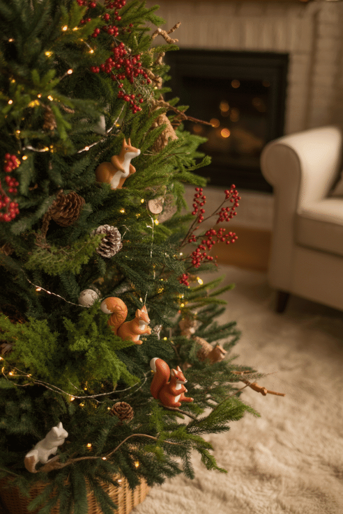 Whimsical woodland themed Christmas tree with forest-inspired accents.