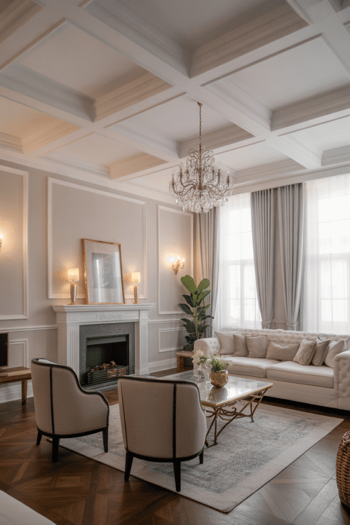 Coffered ceiling adds depth and sophistication with its grid-like recessed panels.