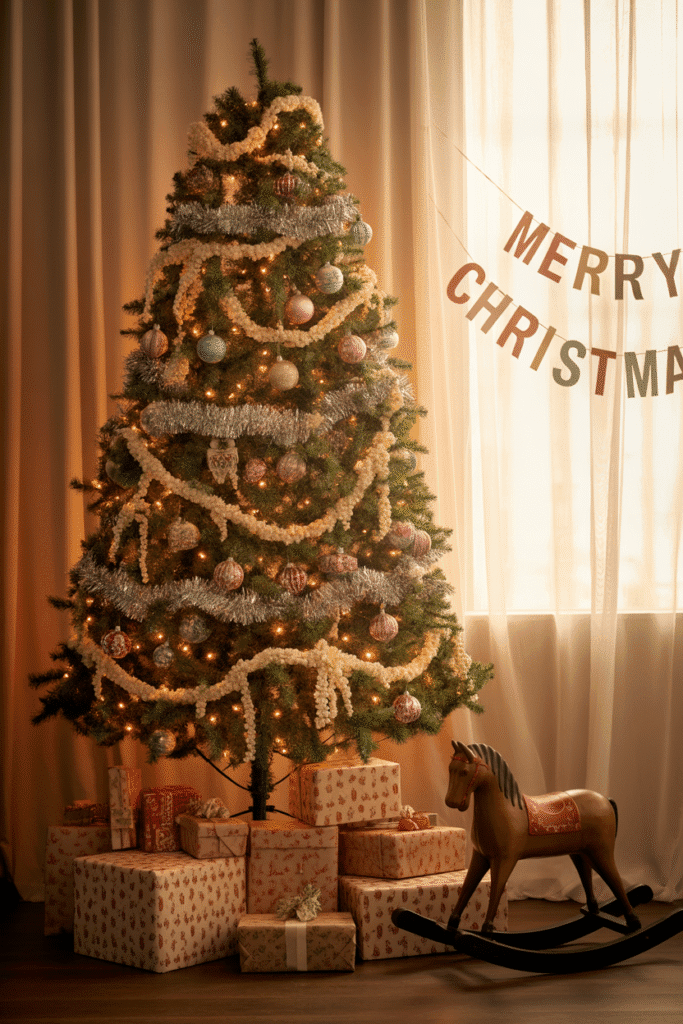 Vintage themed Christmas tree evoking nostalgic holiday memories.