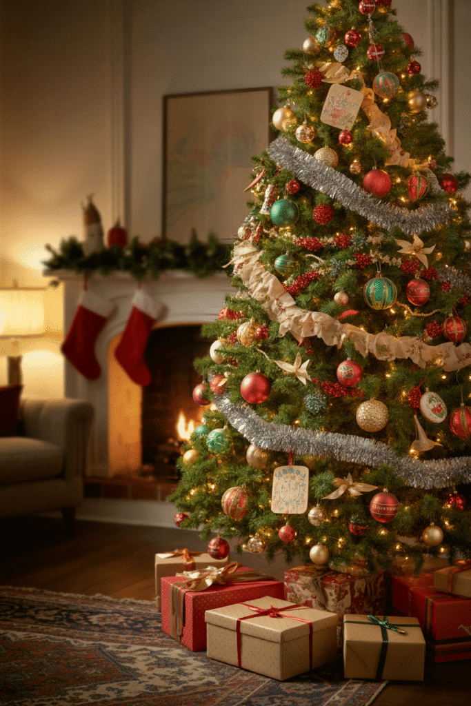 Vintage themed Christmas tree evoking nostalgic holiday memories.