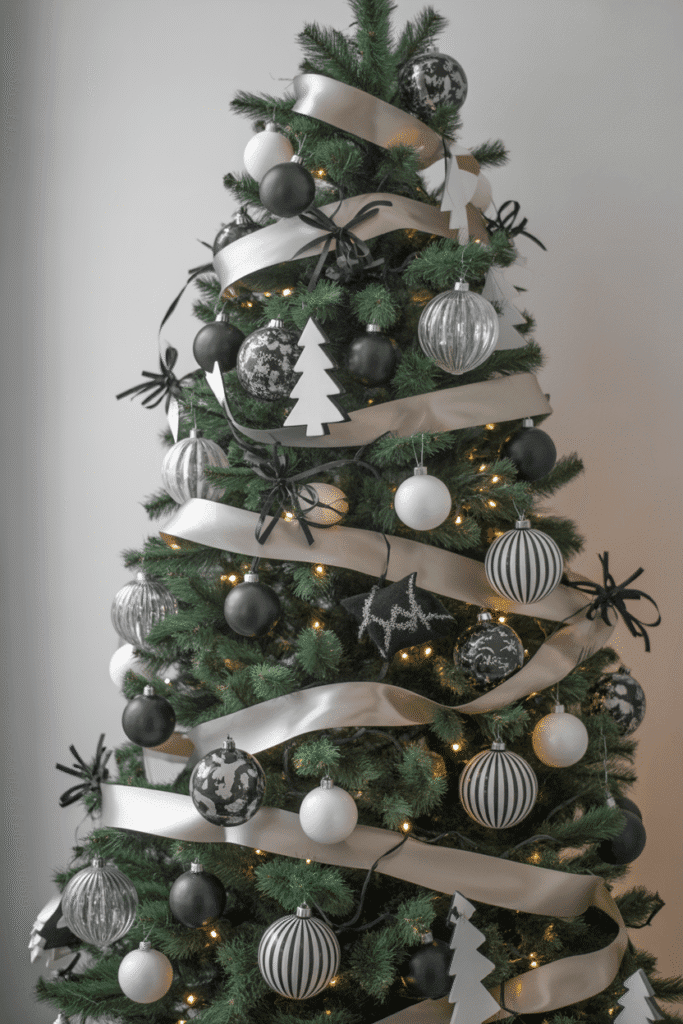 Modern black and white Christmas tree creating dramatic contrast.