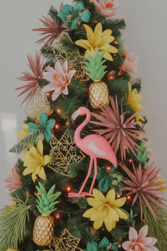 Tropical themed Christmas tree bringing summer vibes to holiday decor.