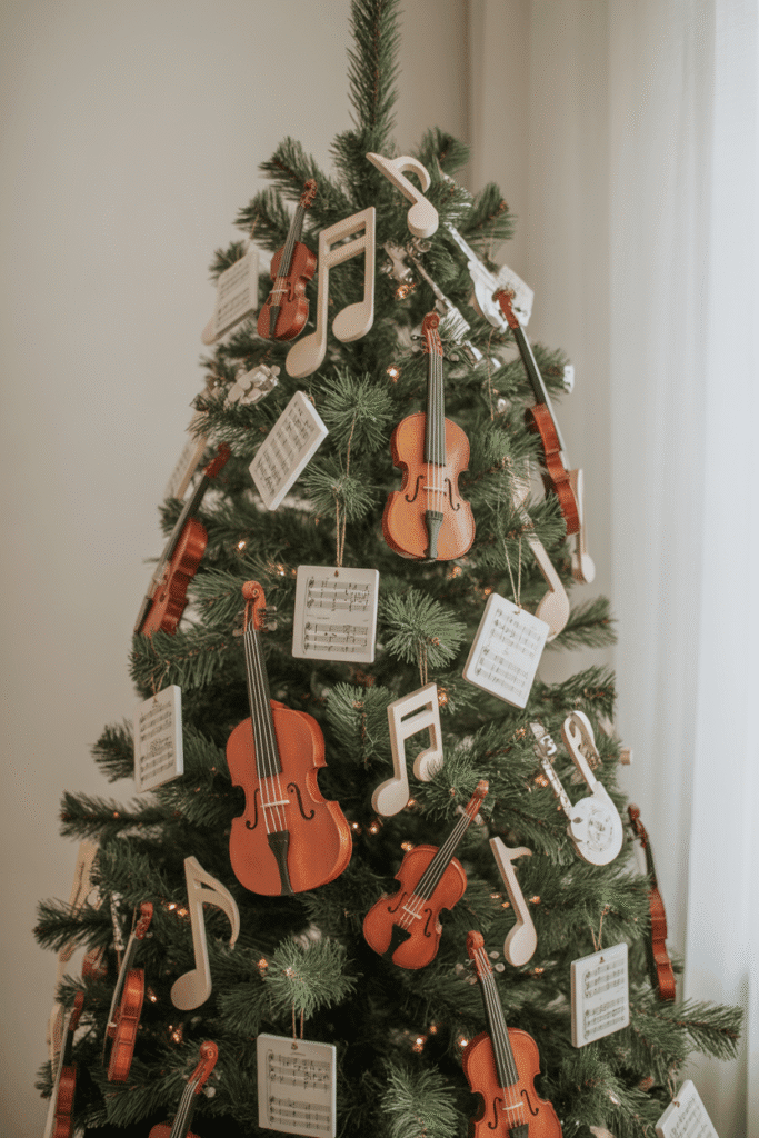 Musical themed Christmas tree for music lovers with festive charm.