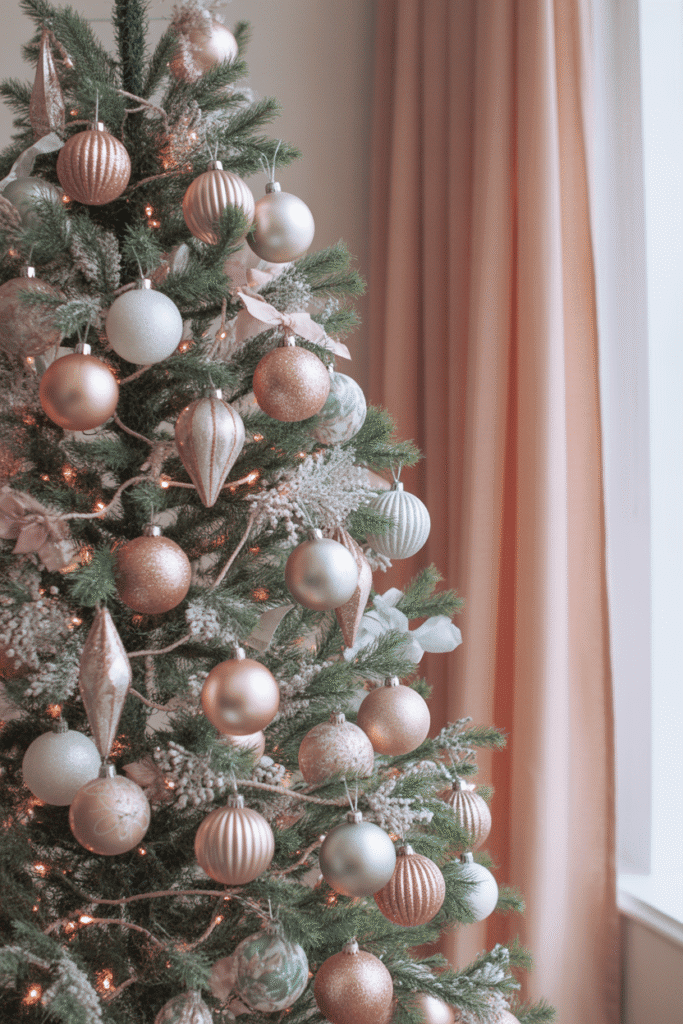 Glamorous pastel metallic Christmas tree with chic holiday decor.