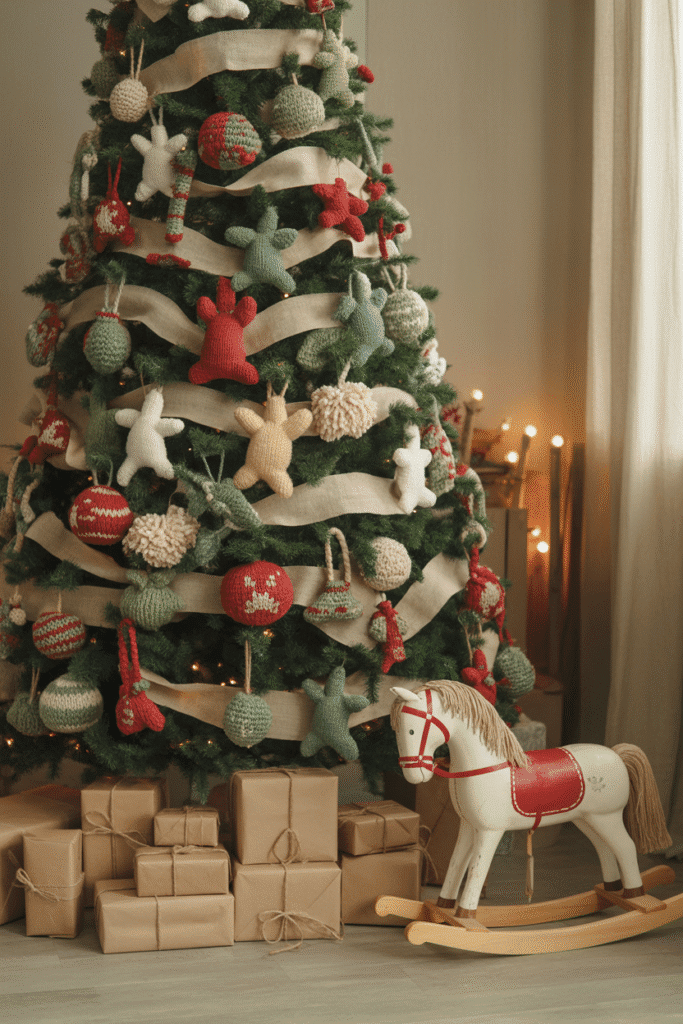 Cozy knit-themed Christmas tree with warm handmade decor.