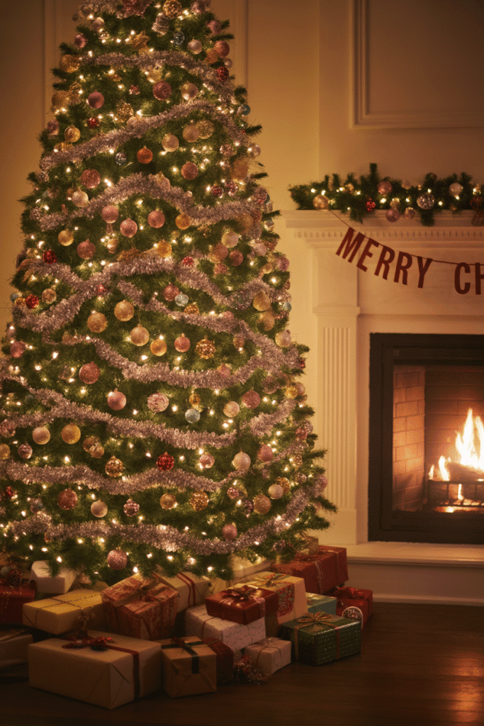 Glittery Christmas tree creating dazzling festive sparkle.