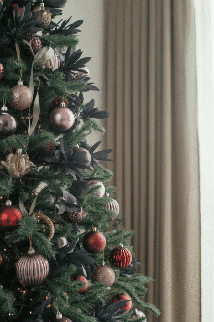 Sophisticated black tie Christmas tree with elegant jewel tones and metallic accents.