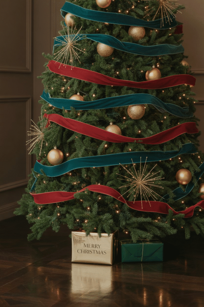 Sophisticated black tie Christmas tree with elegant jewel tones and metallic accents.
