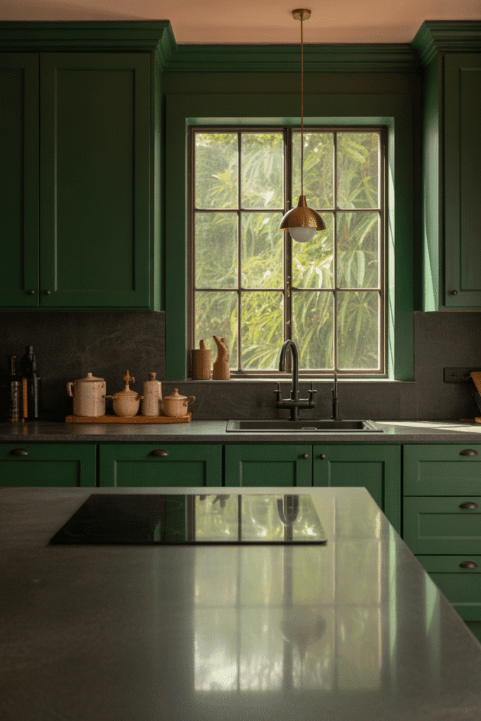 Hunter green cabinetry and black accents create a dramatic, modern kitchen.

