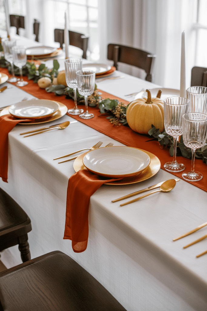 As a part of Thanksgiving table settings this picture shows an elegant Thanksgiving table with white linens, gold flatware, and pumpkin-inspired accents.