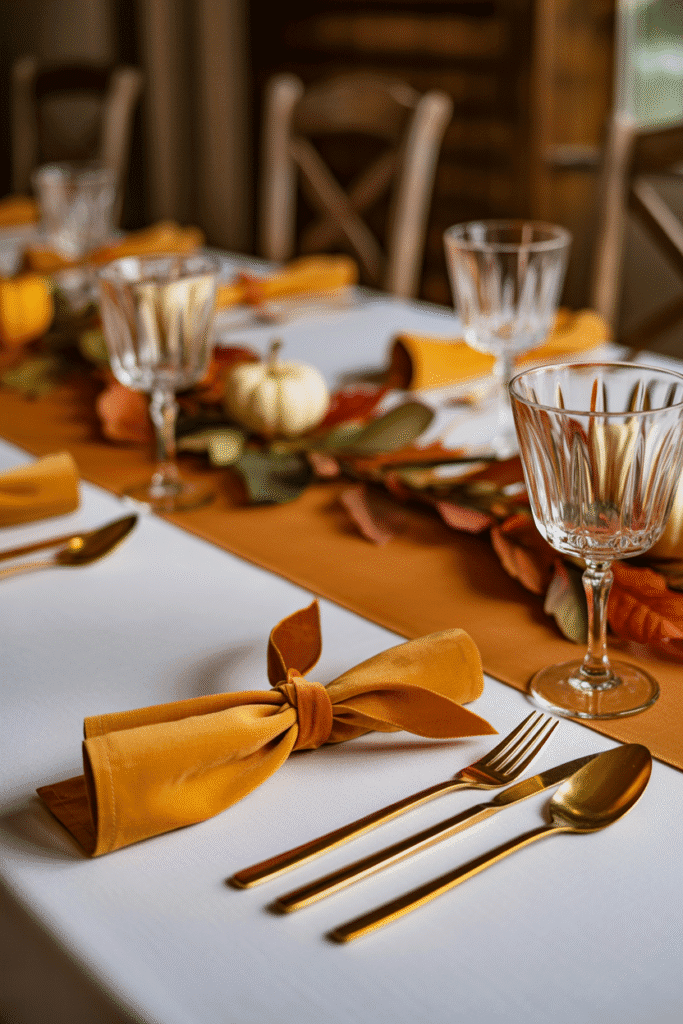 Elegant Thanksgiving table with white linens, gold flatware, and pumpkin-inspired accents.