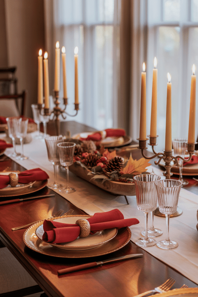 Elegant Thanksgiving table with white linens, gold flatware, and pumpkin-inspired accents.