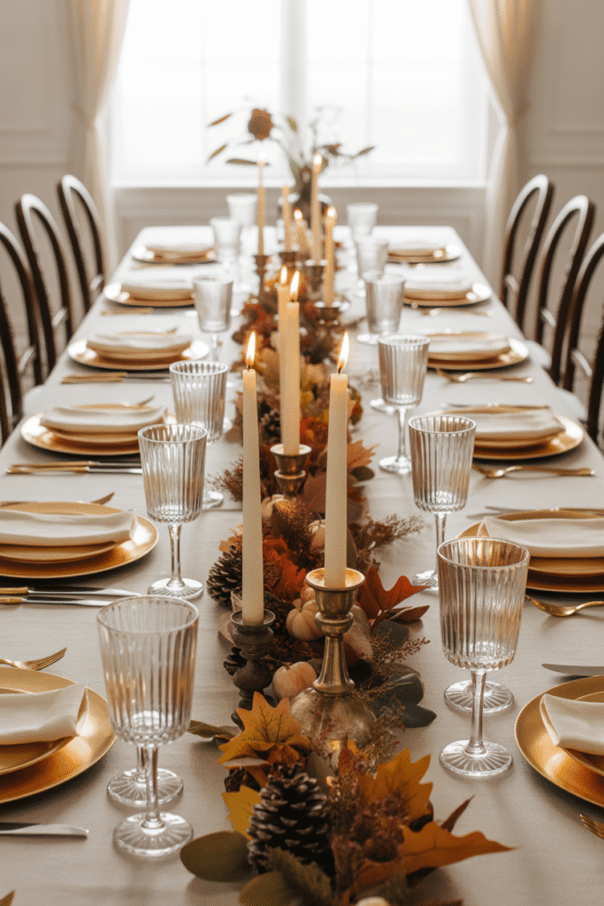 Elegant Thanksgiving table with white linens, gold flatware, and pumpkin-inspired accents.