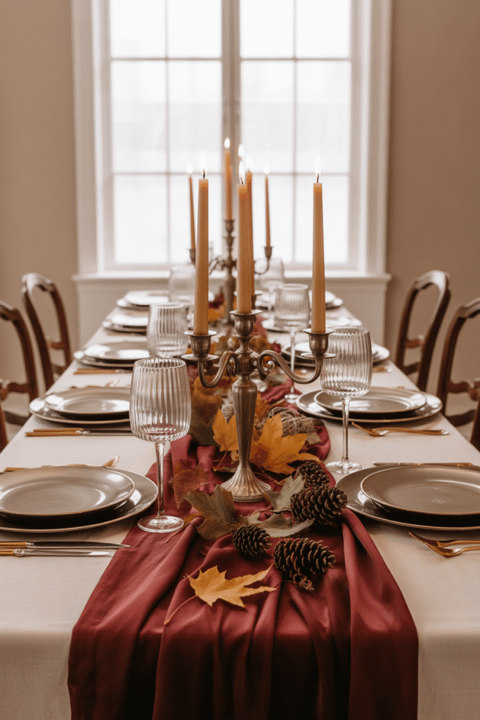 Elegant Thanksgiving table with white linens, gold flatware, and pumpkin-inspired accents.