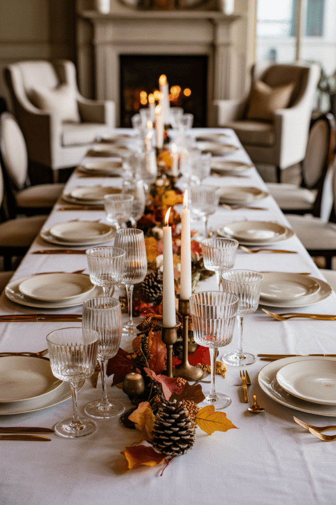 Elegant Thanksgiving table with white linens, gold flatware, and pumpkin-inspired accents.