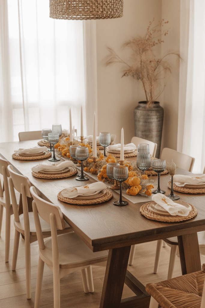 Rustic farmhouse Thanksgiving table setting with burlap and mason jars.