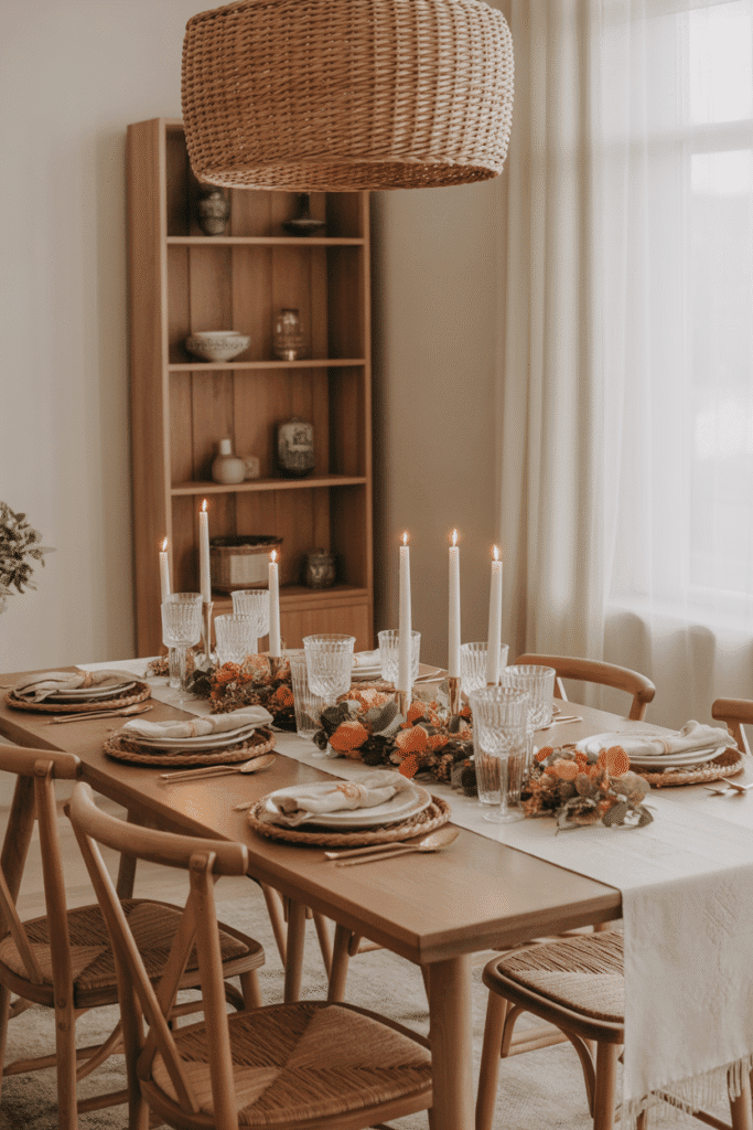 Rustic farmhouse Thanksgiving table setting with burlap and mason jars.