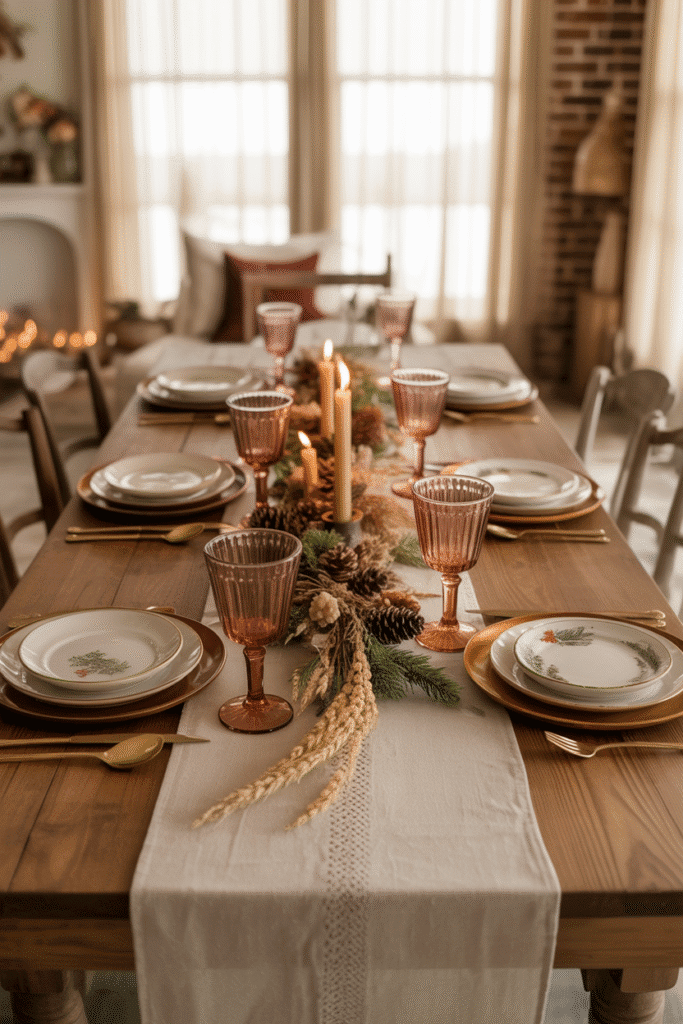 Rustic farmhouse Thanksgiving table setting with burlap and mason jars.
