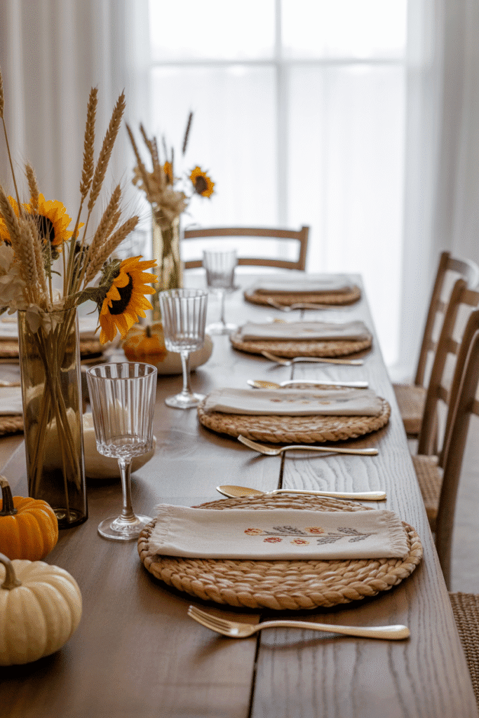 Rustic farmhouse Thanksgiving table setting with burlap and mason jars.