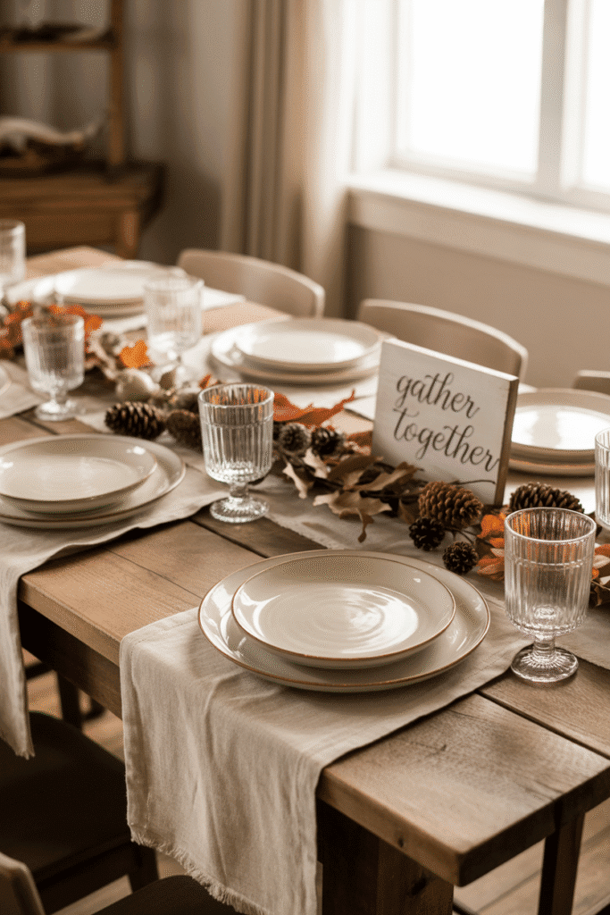 Rustic farmhouse Thanksgiving table setting with burlap and mason jars.