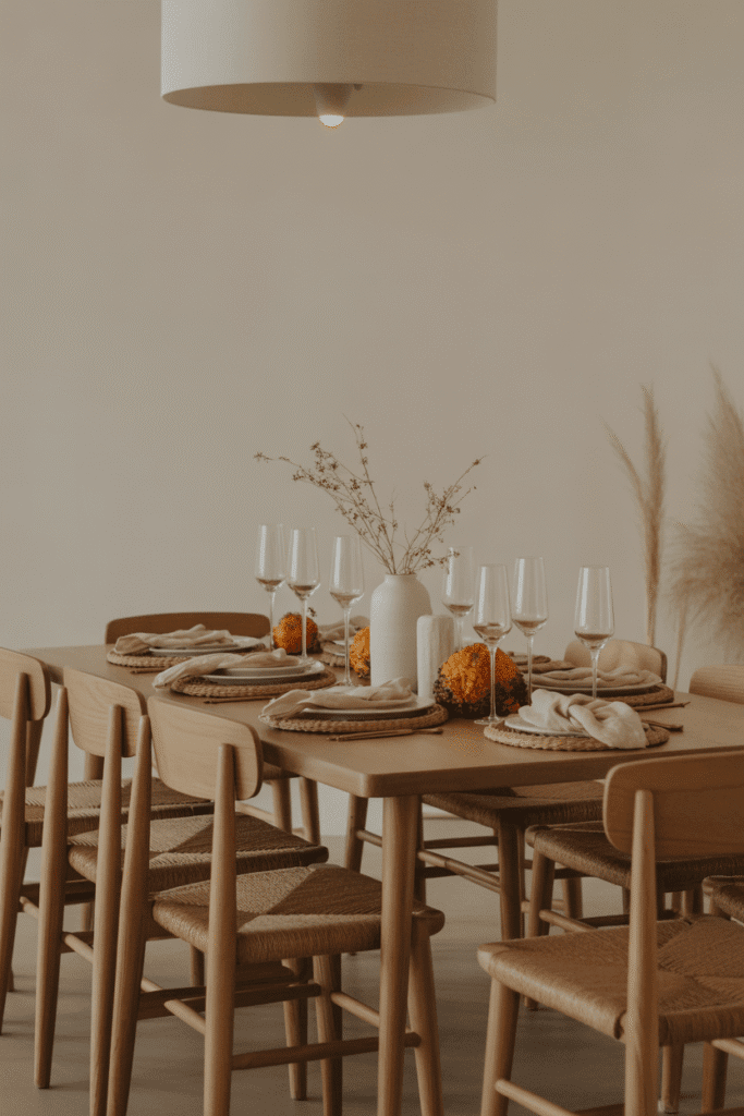 Minimalist Thanksgiving table with eucalyptus greenery and black candleholders.