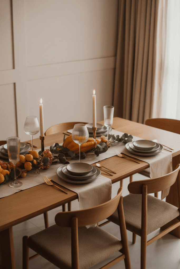 Minimalist Thanksgiving table with eucalyptus greenery and black candleholders.