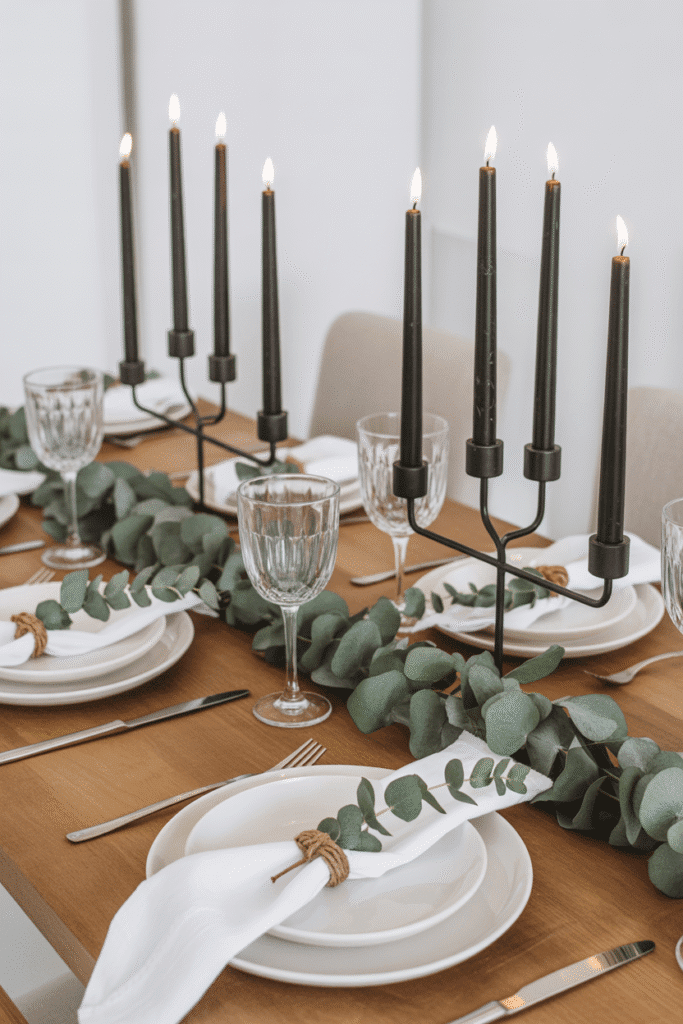 Minimalist Thanksgiving table with eucalyptus greenery and black candleholders.