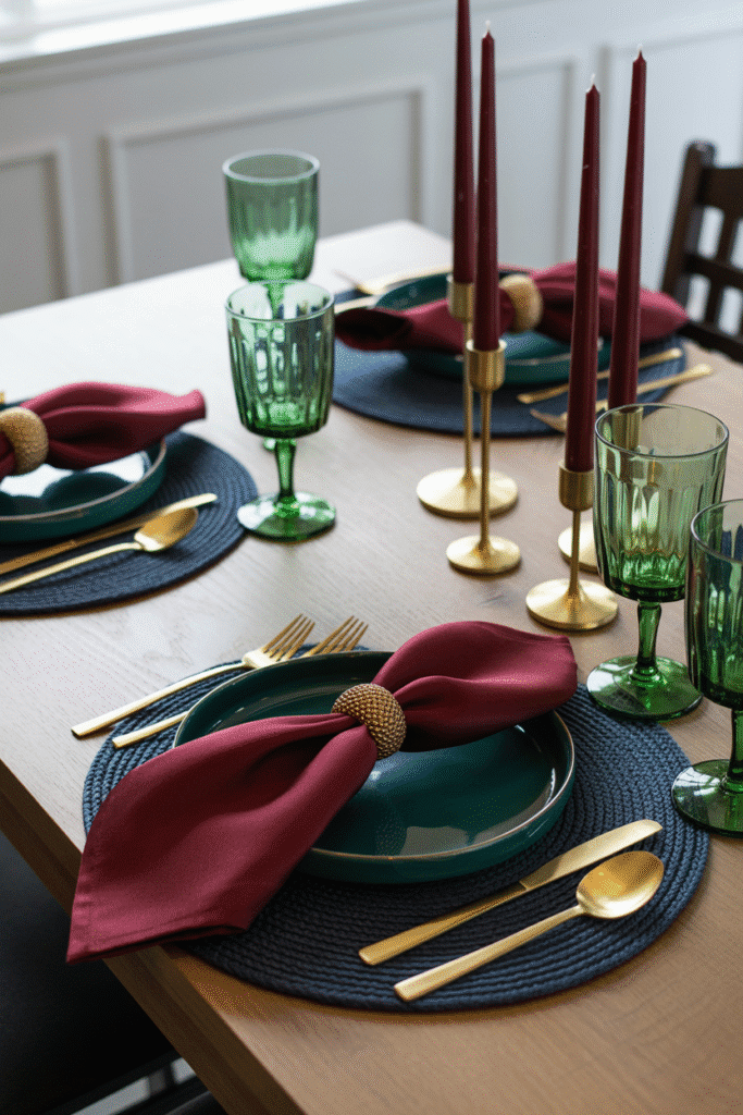 Thanksgiving table with jewel-tone napkins and metallic accents.