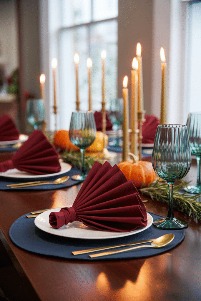 Thanksgiving table with jewel-tone napkins and metallic accents.