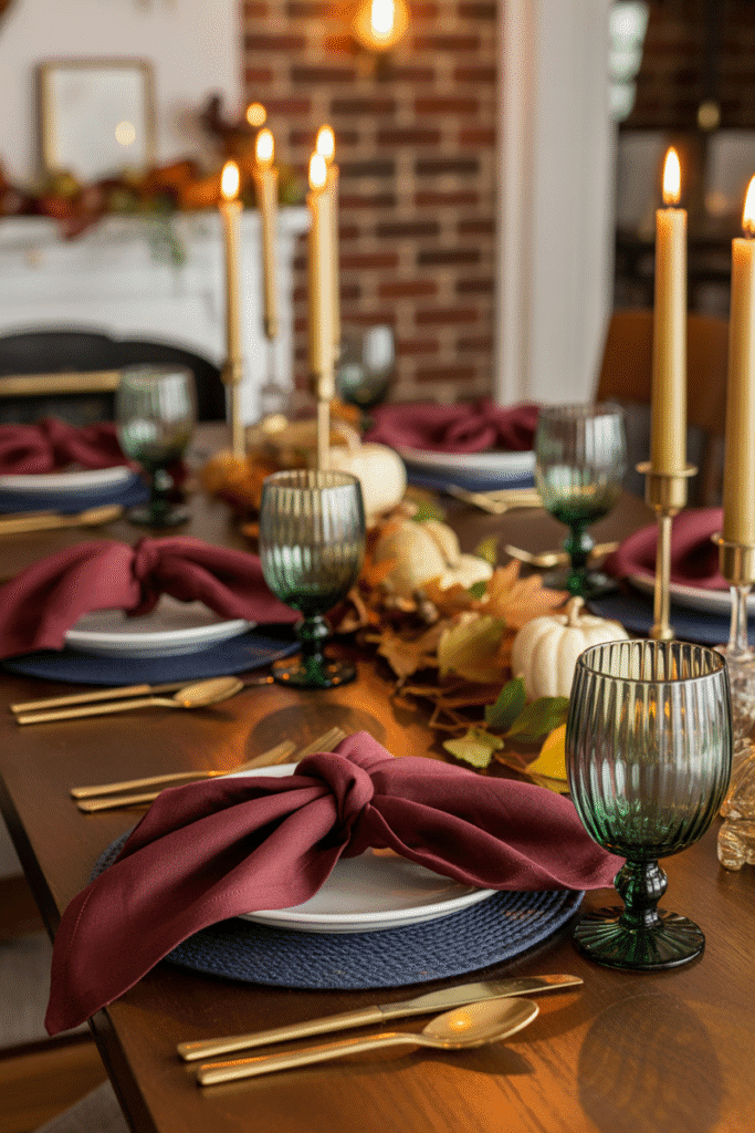 Thanksgiving table with jewel-tone napkins and metallic accents.