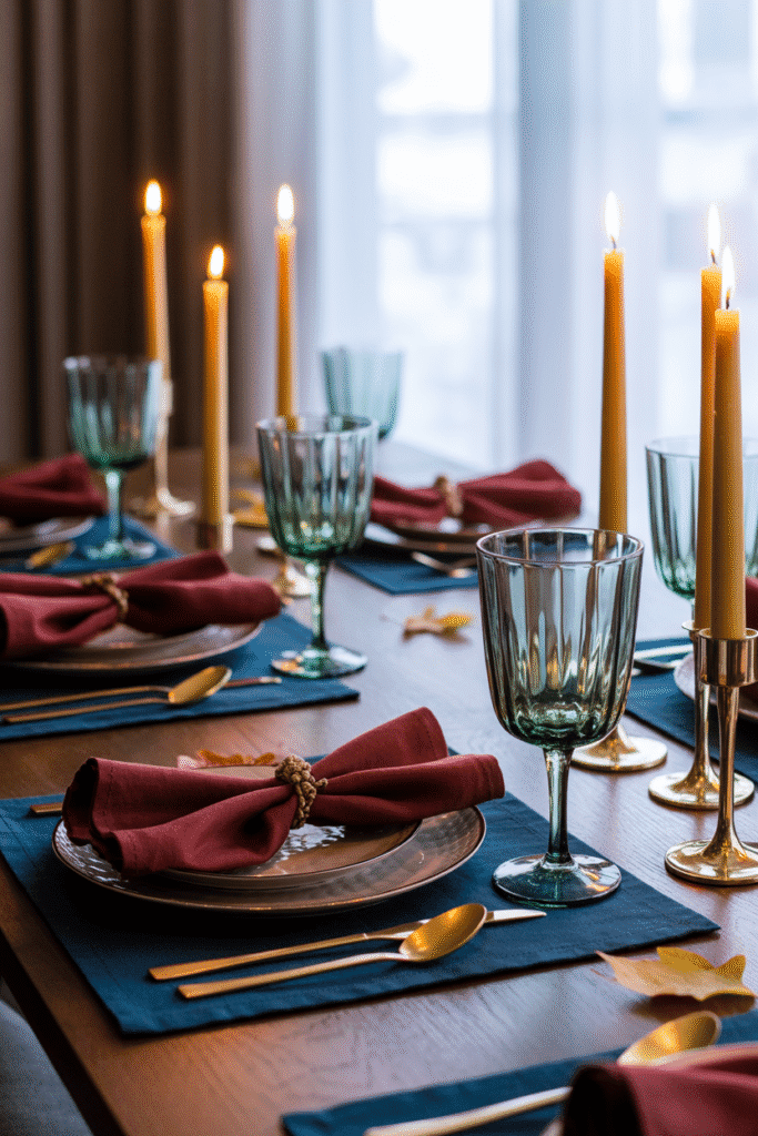 Thanksgiving table with jewel-tone napkins and metallic accents.