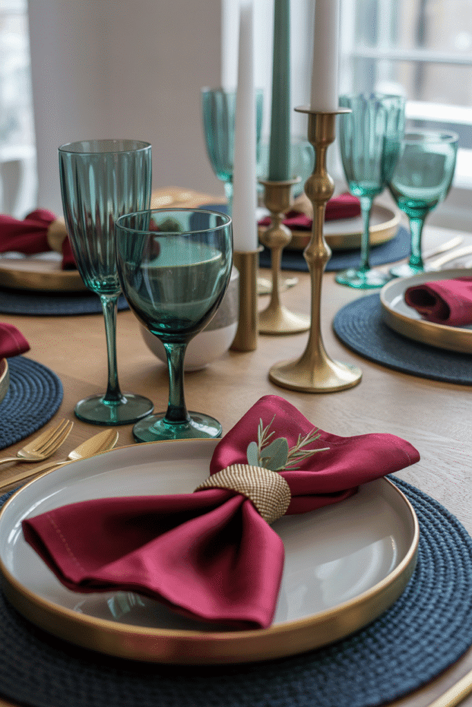 Thanksgiving table with jewel-tone napkins and metallic accents.